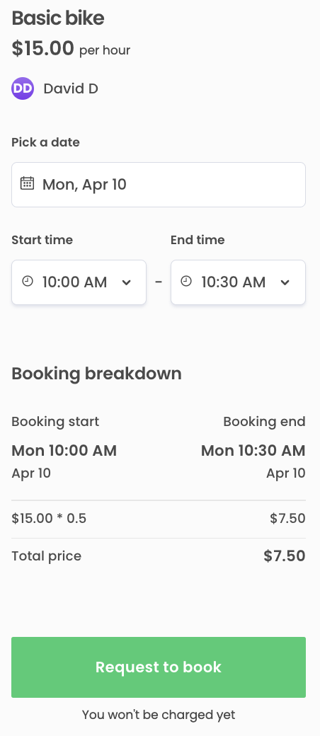 Booking breakdown with half hour booking